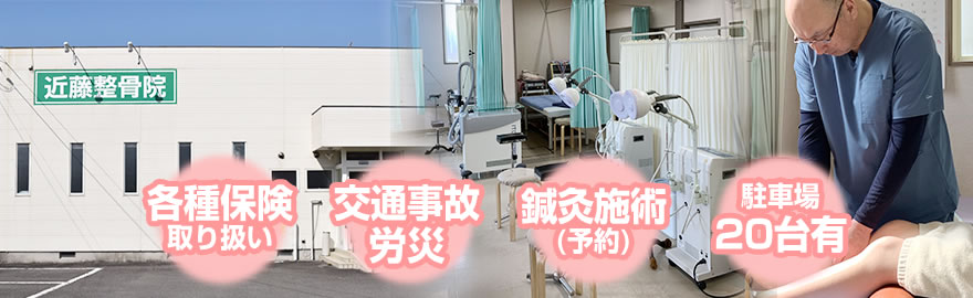各種保険取り扱い、交通事故・労災、鍼灸施術（予約）、駐車場20台有