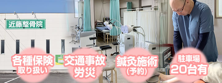 各種保険取り扱い、交通事故・労災、鍼灸施術（予約）、駐車場20台有